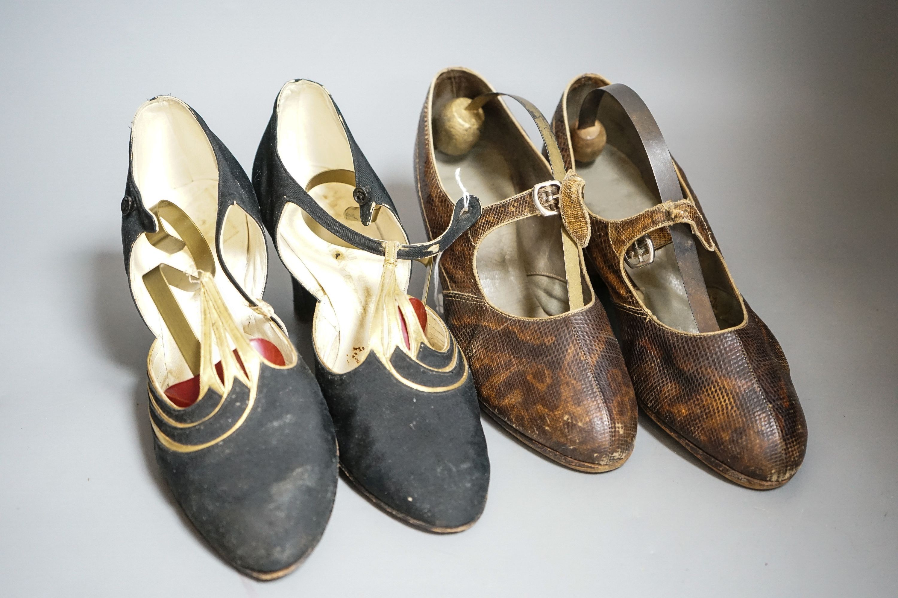 A pair of black silk and gold kid leather 1930's evening shoes and a similar pair of lizard and snakeskin shoes